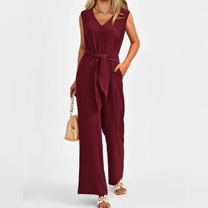 LOFT Burgundy V-Neck Jumpsuit